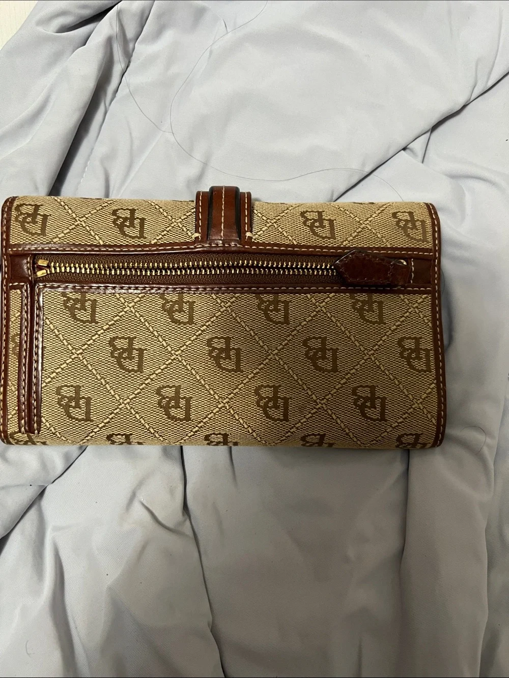 Brown Monogram Canvas Clutch with Leather Trim dooney & bourke